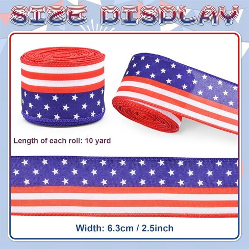 2.5" x 10m Patriotic American Flag Ribbon for Gift Wrapping – Red White Blue Wired Ribbon for Bows, Wreaths, DIY Crafts, Floral Arrangements, and 4th of July Decorations in Kuwait