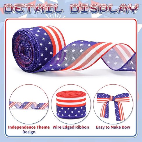 2.5" x 10m Patriotic American Flag Ribbon for Gift Wrapping – Red White Blue Wired Ribbon for Bows, Wreaths, DIY Crafts, Floral Arrangements, and 4th of July Decorations in Kuwait