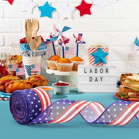 2.5" x 10m Patriotic American Flag Ribbon for Gift Wrapping – Red White Blue Wired Ribbon for Bows, Wreaths, DIY Crafts, Floral Arrangements, and 4th of July Decorations in Kuwait