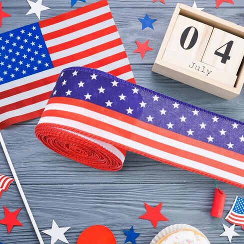 2.5" x 10m Patriotic American Flag Ribbon for Gift Wrapping – Red White Blue Wired Ribbon for Bows, Wreaths, DIY Crafts, Floral Arrangements, and 4th of July Decorations in Kuwait
