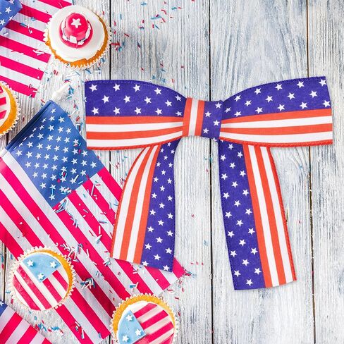 2.5" x 10m Patriotic American Flag Ribbon for Gift Wrapping – Red White Blue Wired Ribbon for Bows, Wreaths, DIY Crafts, Floral Arrangements, and 4th of July Decorations in Kuwait
