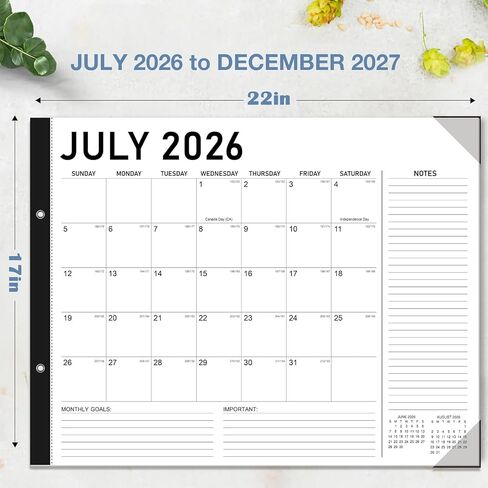 تقويم مكتب 2026-2027 - 22 بوصة × 17 بوصة، تقويم 18 شهرًا يوليو 2026 - ديسمبر 2027، تقويم مكتبي شهري كبير مع كتل يومية، ورق سميك، واقيات زوايا - أسود (يتضمن ملصقين) in Kuwait