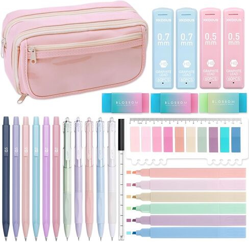 XKDOUS 54PCS All-in-One Cute School Supplies with Large Pen Case, 12 Pastel Highlighters, 5 Gel Pens, 9 Mechanical Pencils 0.5mm, 0.7mm & 2.0mm Stationary Set for Writing, Drawing & Drafting in Saudi Arabia