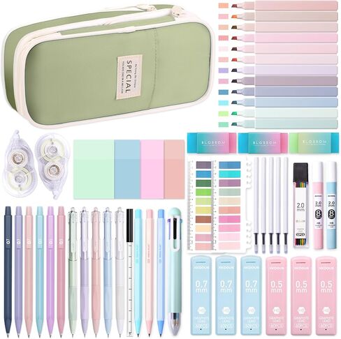 XKDOUS 54PCS All-in-One Cute School Supplies with Large Pen Case, 12 Pastel Highlighters, 5 Gel Pens, 9 Mechanical Pencils 0.5mm, 0.7mm & 2.0mm Stationary Set for Writing, Drawing & Drafting in Saudi Arabia