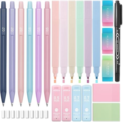 XKDOUS 54PCS All-in-One Cute School Supplies with Large Pen Case, 12 Pastel Highlighters, 5 Gel Pens, 9 Mechanical Pencils 0.5mm, 0.7mm & 2.0mm Stationary Set for Writing, Drawing & Drafting in Saudi Arabia