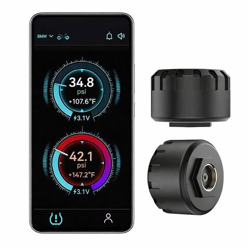 نظام مراقبة ضغط إطارات الدراجات النارية، TPMS بلوتوث للدراجات النارية - مراقبة ضغط الإطارات ودرجة الحرارة في الوقت الحقيقي مع أجهزة استشعار خارجية مزدوجة لجذع الصمام، TPMS لاسلكي مقاوم للماء (2) in Kuwait