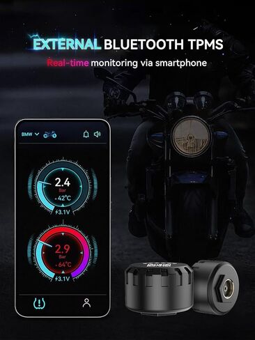 نظام مراقبة ضغط إطارات الدراجات النارية، TPMS بلوتوث للدراجات النارية - مراقبة ضغط الإطارات ودرجة الحرارة في الوقت الحقيقي مع أجهزة استشعار خارجية مزدوجة لجذع الصمام، TPMS لاسلكي مقاوم للماء (2) in Kuwait