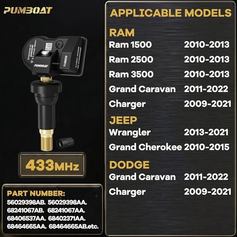 TPMS 433 ميجا هرتز مبرمج مسبقًا، مستشعر ضغط الإطارات يناسب ذاكرة الوصول العشوائي 1500 2010-2013|جيب رانجلر 2013-2021|جراند شيروكي 2010-2015|دودج جراند كارافان 2011-2022|شاحن 2009-2021/OE#56029398AB(4 قطعة/المجموعة) in Kuwait