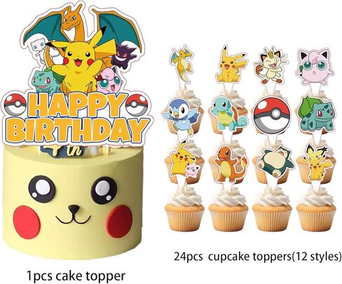 25Pcs For Anime Cake Decorations with 24pcs Cupcake Toppers, 1pcs Happy Birthday Cake Topper, Cartoon Themed Party Supplies, Perfect for Birthday Party Decorations in Saudi Arabia