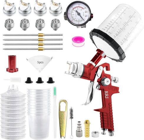 HVLP Gravity Feed Spray Gun with 1.4/1.7/2.0/2.5mm, 10x 650ml Disposable Paint Cup&Air Regulator, Paint Gun Automotive for Car Paint, Primer, Clear/Top Coat & Touch-Up (Red) in Saudi Arabia