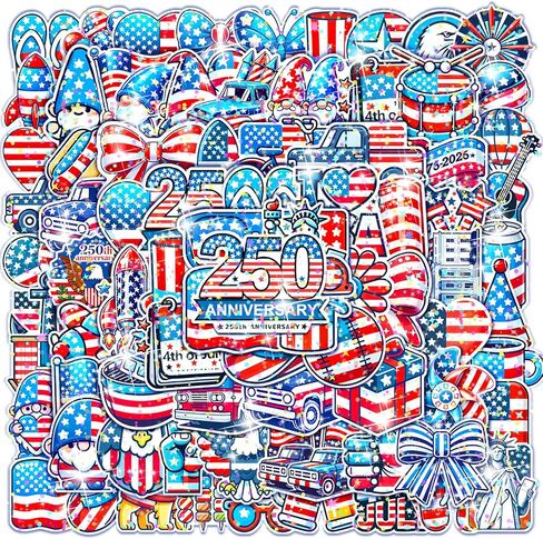 100Pcs 4th of July Theme Waterproof Vinyl Glitter Holographic Stickers Patriotic Independence Day & Party Favors Decorations for Water Bottle Bumper Car Laptop Skateboard in Saudi Arabia