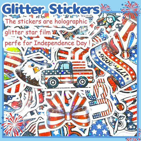 100Pcs 4th of July Theme Waterproof Vinyl Glitter Holographic Stickers Patriotic Independence Day & Party Favors Decorations for Water Bottle Bumper Car Laptop Skateboard in Saudi Arabia