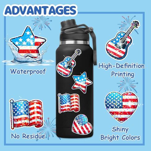 100Pcs 4th of July Theme Waterproof Vinyl Glitter Holographic Stickers Patriotic Independence Day & Party Favors Decorations for Water Bottle Bumper Car Laptop Skateboard in Saudi Arabia