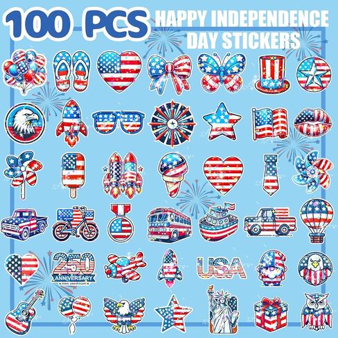 100Pcs 4th of July Theme Waterproof Vinyl Glitter Holographic Stickers Patriotic Independence Day & Party Favors Decorations for Water Bottle Bumper Car Laptop Skateboard in Saudi Arabia