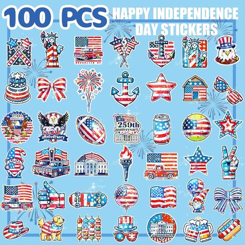 100Pcs 4th of July Theme Waterproof Vinyl Glitter Holographic Stickers Patriotic Independence Day & Party Favors Decorations for Water Bottle Bumper Car Laptop Skateboard in Saudi Arabia