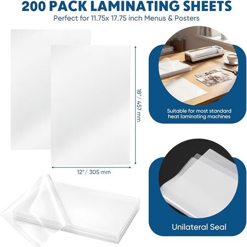 Feifeiya 200 Pcs Lamination Clear Thermal Laminating Pouches, 3 Mil, 12" x 18" Large Laminating Sheets Bulk, Menu Size, Office Supplies, Business Cards, Small Banners in Kuwait