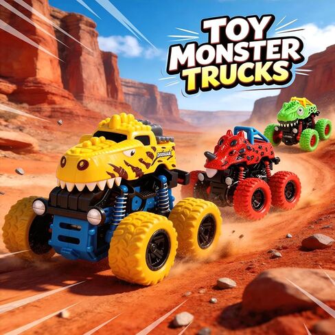 Dinosaur Toys for 2 3 4 5 Year Old Boys - 3 Pack Monster Truck Toys with Friction Power 360° Rotating Push and Go Cars for Toddlers Ages 2-4-6 - Boys Girls Birthday Gifts for Kids 3-5 in Saudi Arabia