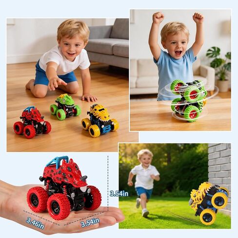 Dinosaur Toys for 2 3 4 5 Year Old Boys - 3 Pack Monster Truck Toys with Friction Power 360° Rotating Push and Go Cars for Toddlers Ages 2-4-6 - Boys Girls Birthday Gifts for Kids 3-5 in Saudi Arabia