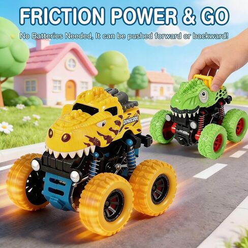 Dinosaur Toys for 2 3 4 5 Year Old Boys - 3 Pack Monster Truck Toys with Friction Power 360° Rotating Push and Go Cars for Toddlers Ages 2-4-6 - Boys Girls Birthday Gifts for Kids 3-5 in Saudi Arabia