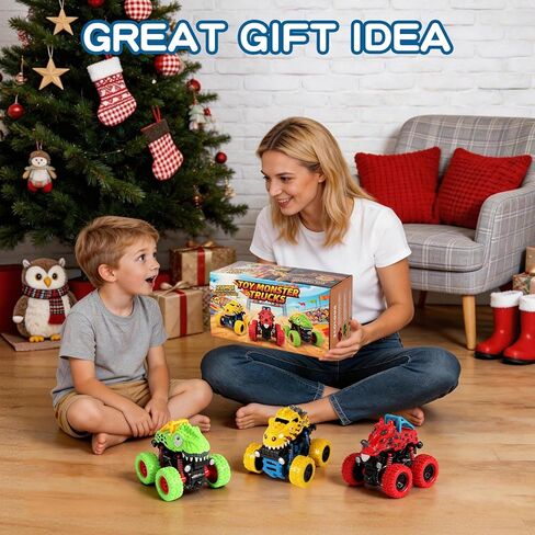 Dinosaur Toys for 2 3 4 5 Year Old Boys - 3 Pack Monster Truck Toys with Friction Power 360° Rotating Push and Go Cars for Toddlers Ages 2-4-6 - Boys Girls Birthday Gifts for Kids 3-5 in Saudi Arabia