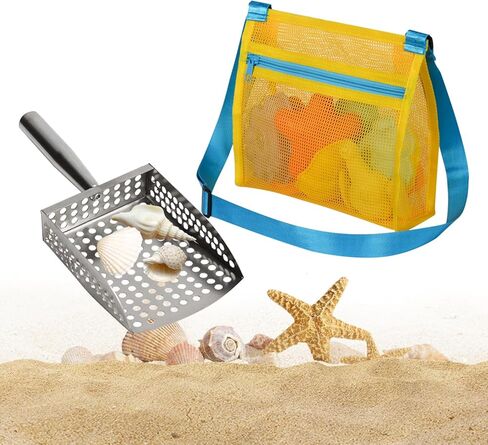 MUYIZI Sand Sifter Shovel with Mesh Beach Bag, Detachable Beach Scoop for Shell Collecting, Shark Teeth Sifter Dipper, Shell Scooper for Beach Multi-Use Sifting Tool Beach Toy for Kids & Adults(Black) in Saudi Arabia