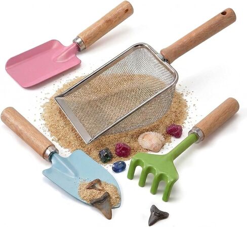 Beach Sand Toys for Kids Toddlers, Beach Mesh Shovel Rake Set with Sifter & Shell Clipping Tongs, Travel Mesh Scooper for Digging, Sifting Collecting Shells, Shark Tooth Sifter Dipper for Boys Girls in Saudi Arabia