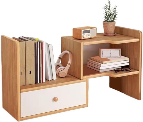 Bookcase Expandable Desktop Bookshelf with Drawer Artificial Board Countertop Organizer Rack Modern in Saudi Arabia