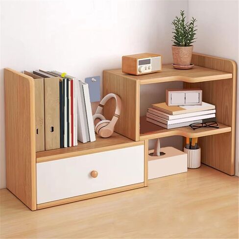 Bookcase Expandable Desktop Bookshelf with Drawer Artificial Board Countertop Organizer Rack Modern in Saudi Arabia