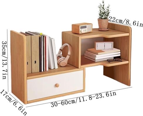 Bookcase Expandable Desktop Bookshelf with Drawer Artificial Board Countertop Organizer Rack Modern in Saudi Arabia