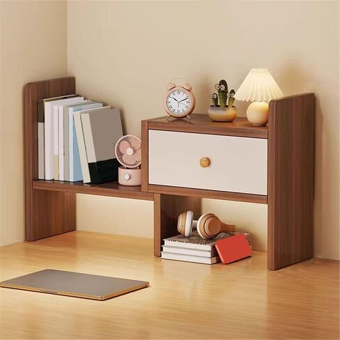 Bookcase Desktop Adjustable Bookshelf Expandable Density Board Organizer Shelf with Drawer Modern in Saudi Arabia