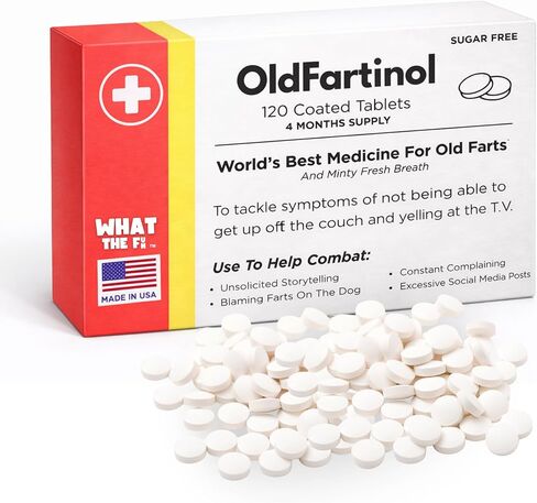 Old Fart Novelty Joke Prank Medicine Box, Hilarious Prescription (120 Sugar Free Mints) Gag Gift for Men, Funny Senior Birthdays 40th 50th 60th 70th, Office Secret Santa, Made in USA in Saudi Arabia