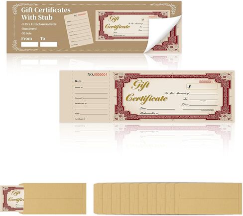 50 Sets Gift Certificate Book with Stub 11 x 3.25 Inch Vintage with Kraft Envelopes and Serial Numbers for Small Business Salon Spa Retail Stores Restaurant Office (Red, 1) in Saudi Arabia