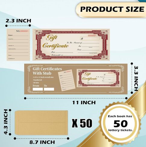 50 Sets Gift Certificate Book with Stub 11 x 3.25 Inch Vintage with Kraft Envelopes and Serial Numbers for Small Business Salon Spa Retail Stores Restaurant Office (Red, 1) in Saudi Arabia