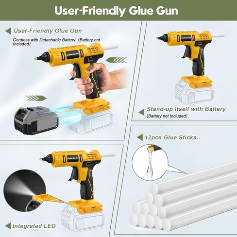 Cordless Hot Glue Gun for DeWalt 20V Battery Powered, 100W Full Size Glue Gun Cordless & Rechargeable, Wireless Battery Powered Hot Glue Gun and Sticks Set with 12pcs 0.43'' Glue Sticks (Yellow) in Saudi Arabia