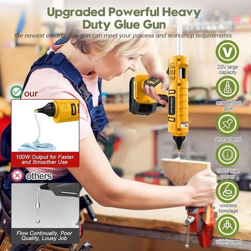 Cordless Hot Glue Gun for DeWalt 20V Battery Powered, 100W Full Size Glue Gun Cordless & Rechargeable, Wireless Battery Powered Hot Glue Gun and Sticks Set with 12pcs 0.43'' Glue Sticks (Yellow) in Saudi Arabia