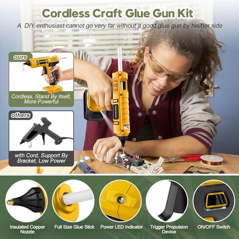 Cordless Hot Glue Gun for DeWalt 20V Battery Powered, 100W Full Size Glue Gun Cordless & Rechargeable, Wireless Battery Powered Hot Glue Gun and Sticks Set with 12pcs 0.43'' Glue Sticks (Yellow) in Saudi Arabia