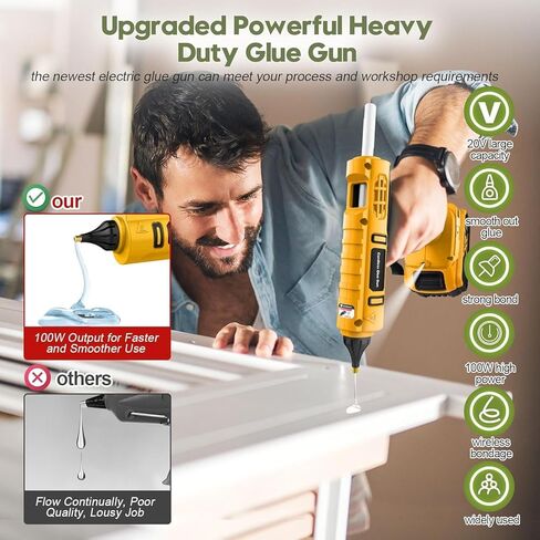 Cordless Hot Glue Gun for DeWalt 20V Battery Powered, 100W Full Size Glue Gun Cordless & Rechargeable, Wireless Battery Powered Hot Glue Gun and Sticks Set with 12pcs 0.43'' Glue Sticks (Yellow) in Saudi Arabia