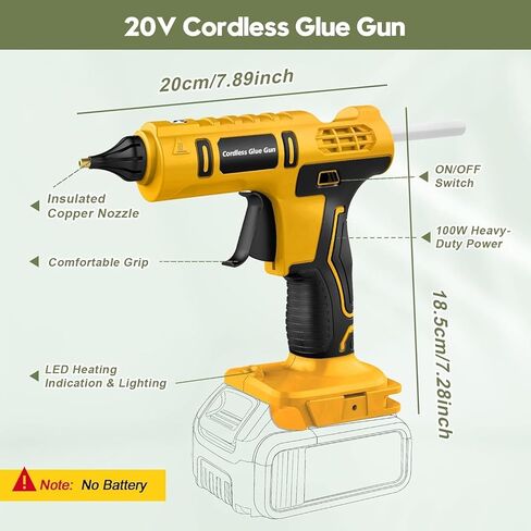 Cordless Hot Glue Gun for DeWalt 20V Battery Powered, 100W Full Size Glue Gun Cordless & Rechargeable, Wireless Battery Powered Hot Glue Gun and Sticks Set with 12pcs 0.43'' Glue Sticks (Yellow) in Saudi Arabia