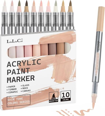 LIULIUCAI 10 Pcs Skin Tone Acrylic Paint Markers, Brush Tip Acrylic Paint Pens for Portrait Hair, Water-Based Skin Markers for Rock, Wood, Canvas, Glass, Stone, Fabric, Egg, DIY Crafts, No Bleeding in Saudi Arabia