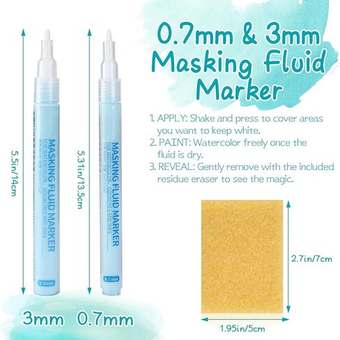 Masking Fluid Marker Set for Watercolor – Dual Size Pack (0.7mm Fine & 3.0mm Broad Tips) – Liquid Frisket Pen with Residue Eraser – Preserve White Highlights for Ink & Gouache in Saudi Arabia