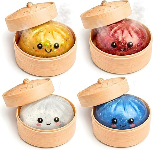 Glitter Dumpling Squishy Mystery Box 4 Pcs - 2026 Upgraded Dumplings Squishes for Adults Teens Squeeze Easter Basket Stuffers Smiling White Red Blue Gold in Saudi Arabia