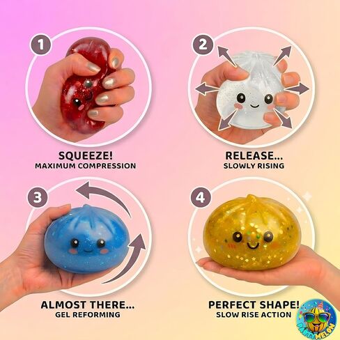 Glitter Dumpling Squishy Mystery Box 4 Pcs - 2026 Upgraded Dumplings Squishes for Adults Teens Squeeze Easter Basket Stuffers Smiling White Red Blue Gold in Saudi Arabia