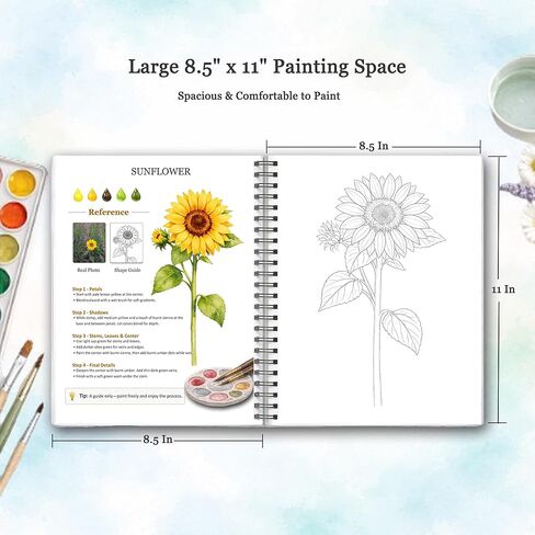 Watercolor Workbook for Beginners, Large 8.5" x 11" with Thick No Bleed Paper, Step by Step Floral Painting Book, Traceable Flower Outlines, Spiral Bound, Easy Watercolor Guide for Adults in Saudi Arabia