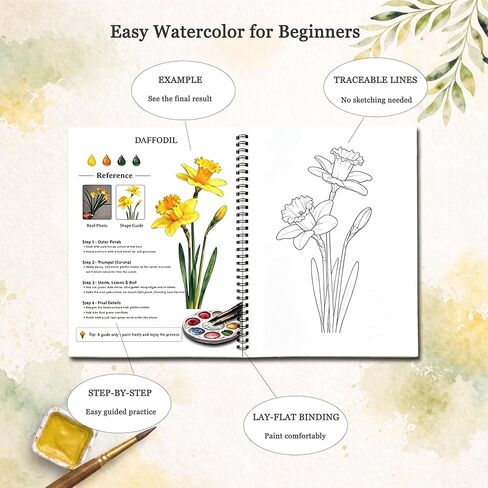 Watercolor Workbook for Beginners, Large 8.5" x 11" with Thick No Bleed Paper, Step by Step Floral Painting Book, Traceable Flower Outlines, Spiral Bound, Easy Watercolor Guide for Adults in Saudi Arabia
