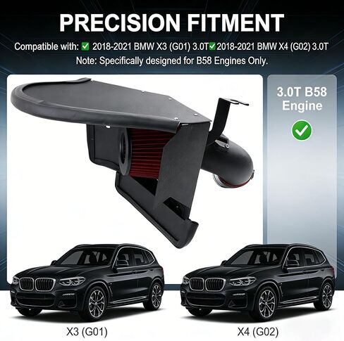 طقم نظام سحب الهواء البارد متوافق مع 2018-2021 BMW X3 X4 3.0T B58 G01 G02 هيكل من سبائك الألومنيوم عالي التدفق مع فلتر قابل للغسل يزيد من قوة الحصان واستجابة الخانق in Kuwait