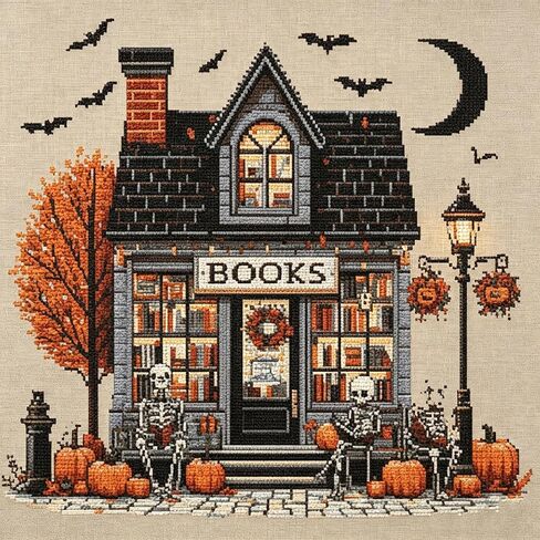 KYOQFVN Bookshelf Stamped Cross Stitch Kits for Adults Beginners - Halloween Counted Cross Stitch Kits - Halloween Embroidery Kits for Beginners Adults Arts Craft 14x14 inch in Saudi Arabia