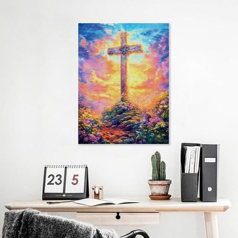 MIJVFNB Christian Religion Canvas Bless God Cross 11CT Pre-Printed Cross Stitch Kit for Adults and Beginners, Easy Needlepoint Pattern for DIY Home Decor Crafts 12x16 inch in Kuwait