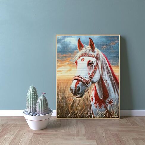 MIJVFNB DIY American Native Indian Horse 11CT Pre-Printed Cross Stitch Kit for Adults Beginners, Easy Needlepoint Pattern for DIY Home Decor Crafts, 12x16inch in Kuwait