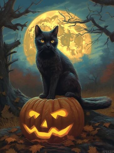 KFBXZIP Halloween القط الأسود عبر الابره مجموعات للمبتدئين مختومة عبر غرزة اللوازم التطريز DIY 11CT 3 فروع القطن الموضوع المطبوعة DIY مجموعات التطريز، 12 × 16 بوصة in Kuwait