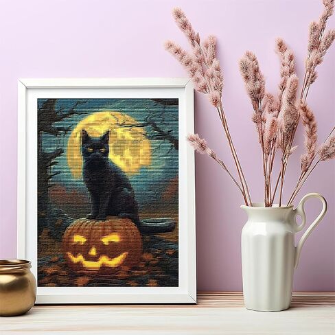 KFBXZIP Halloween القط الأسود عبر الابره مجموعات للمبتدئين مختومة عبر غرزة اللوازم التطريز DIY 11CT 3 فروع القطن الموضوع المطبوعة DIY مجموعات التطريز، 12 × 16 بوصة in Kuwait